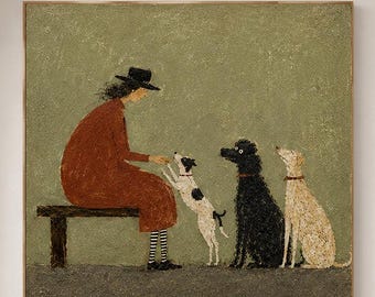 Sage Green Woman and Dogs Painting, Rust Red Dress Figurative Art, Vintage Textured Canvas, Rustic Cottagecore Wall Decor