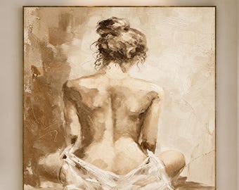 Woman Back Oil Painting, Neutral Female Figure Wall Art,Beige Figurative Painting,Textured Feminine Canvas,Large Bedroom Bathroom Wall Decor