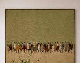 Abstract Crowd Oil Painting, Minimalist People Wall Art, Textured Figurative Canvas, Olive Green Neutral Art, Large Modern Office Wall Decor