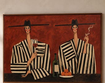 Abstract Women Wall Art, Vintage Fashion Ladies Painting, Red Wine Bar Art, Black and White Striped Outfit, Textured Canvas Decor