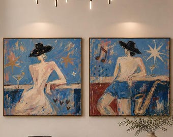 Set of 2 Abstract Couple Paintings, Jazz Bar Wall Art, Fashion Figurative Canvas, Cocktail & Saxophone Art, Blue Eclectic Wall Decor