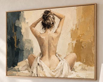Hand Painted Woman Back Oil Painting, Textured Female Figure Wall Art, Neutral Beige Figurative Canvas, Large Feminine Bedroom Artwork