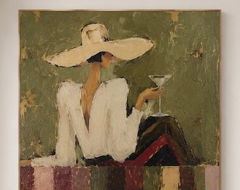 Abstraktes Ölgemälde „Martini Cowgirl“, Frau mit Hut, Leinwandbild, moderne feminine Dekoration