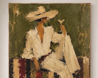 Cocktail man Wall Art, Chic cowboy with Martini Glass, Vintage Bar Decor, Olive Green Textured Figurative Painting