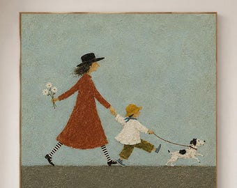 Whimsical Mother and Child Painting, Woman Walking with Boy and Dog Wall Art, Vintage Family Folk Art, Light Blue Textured Canvas