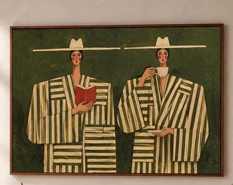 Abstract Women Painting,Two Ladies in Striped Dresses and Wide Brim Hats,Olive Green Figurative Wall Art,Vintage Fashion Canvas,Boho Decor