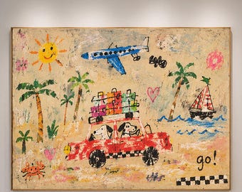 Colorful Whimsical Road Trip Painting,Red Car with Dogs Wall Art,Playful Abstract Travel Art,Tropical Beach Canvas,Happy Colorful Home Decor
