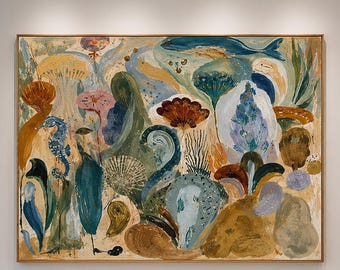 Abstract Botanical Sea Life Canvas Painting, Whimsical Folk Art Garden Decor