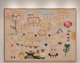 Hand Painted Kids Doodle Oil Painting, Whimsical Naive Wall Art, Colorful Childlike Abstract Canvas, Large Playroom Nursery Decor