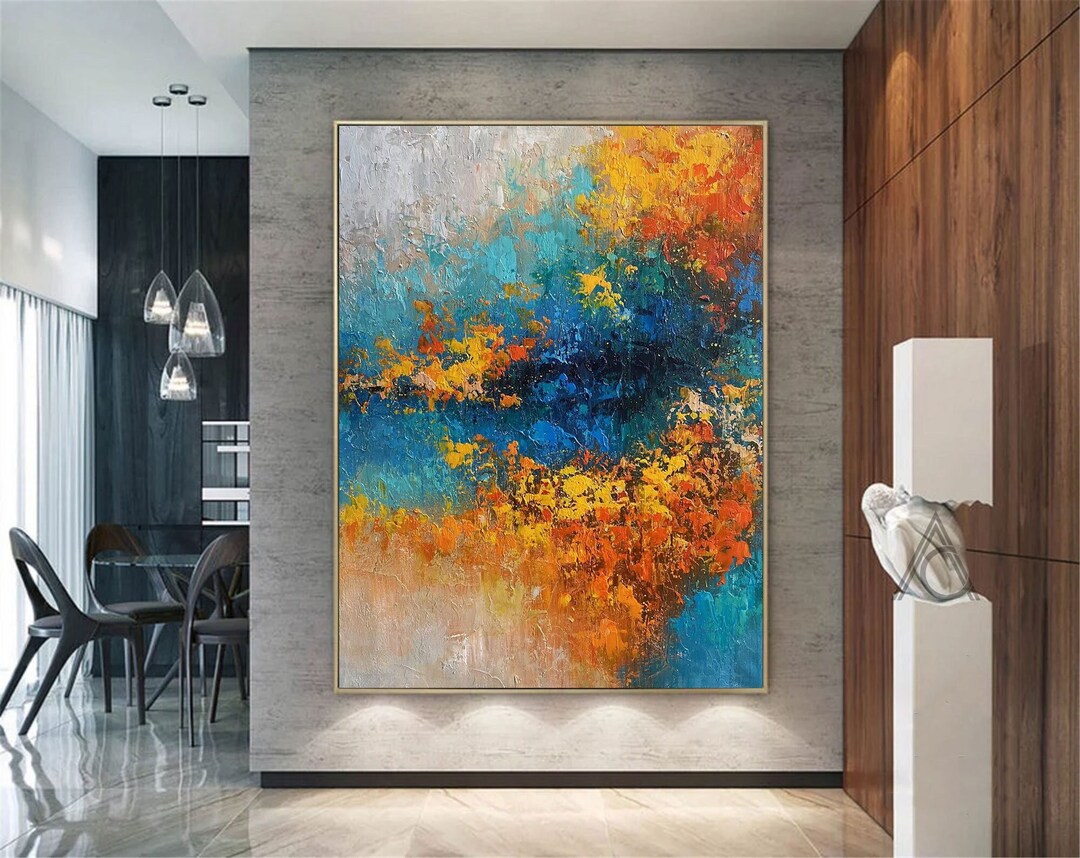 Teal Wall Art Teal and Orange Handmade Painting Extra Large Etsy