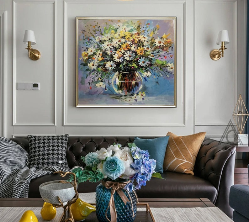 Large Original Oil Painting White Flower Vase Abstract Wall Etsy