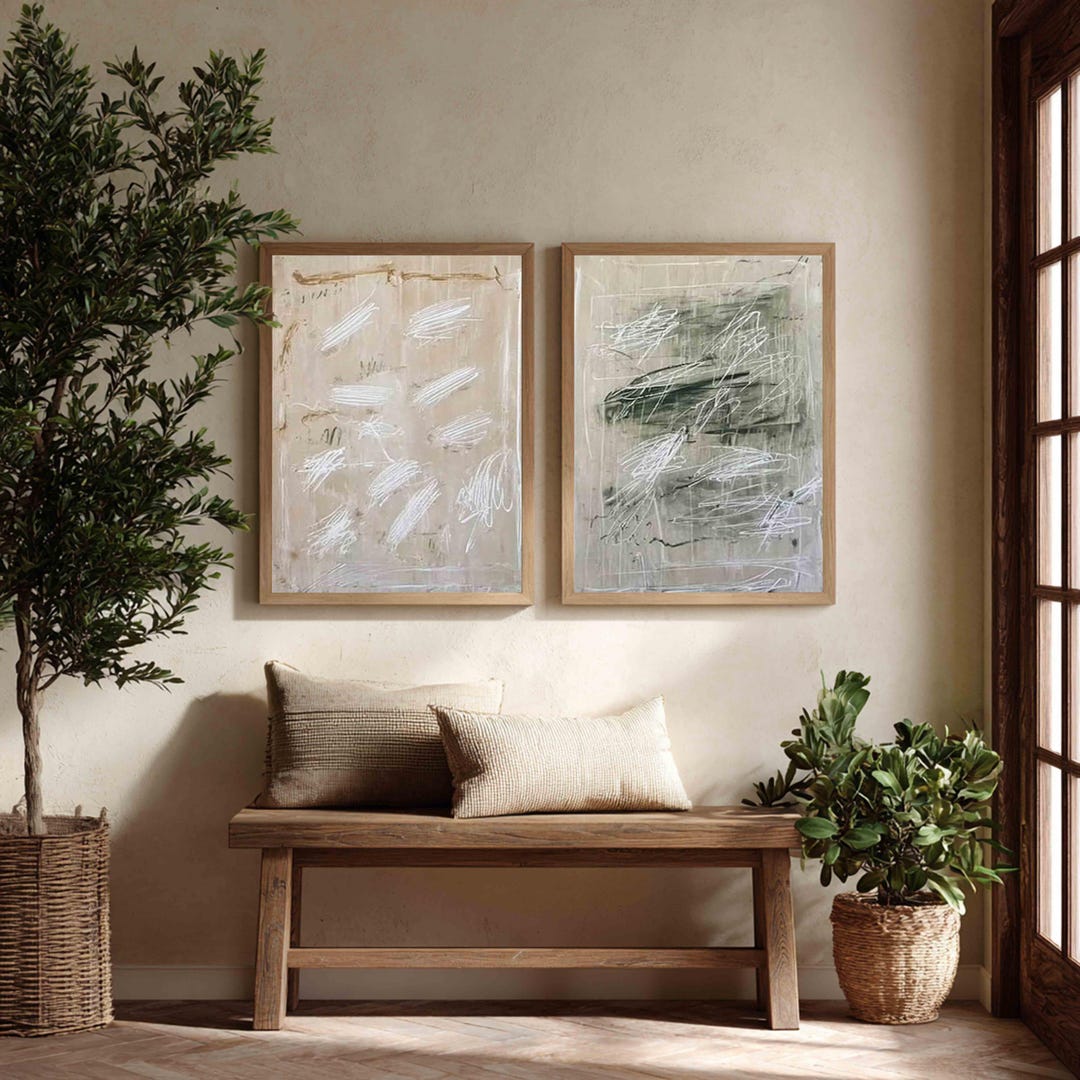 Beige Wabi Sabi Wall Art Set of 2: Green Oil Painting on Canvas - Etsy