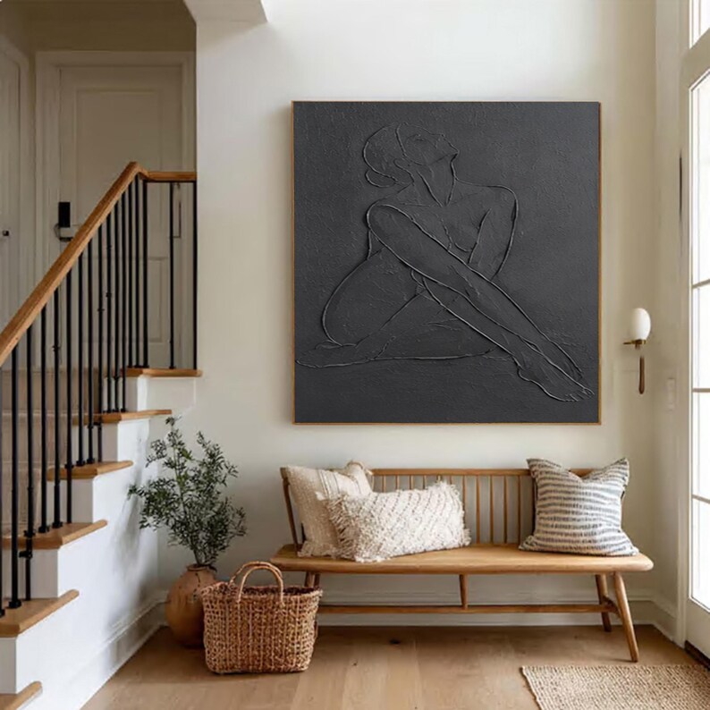 Large Abstract Black Woman Figure Painting, Textured Wall Art, Retro ...