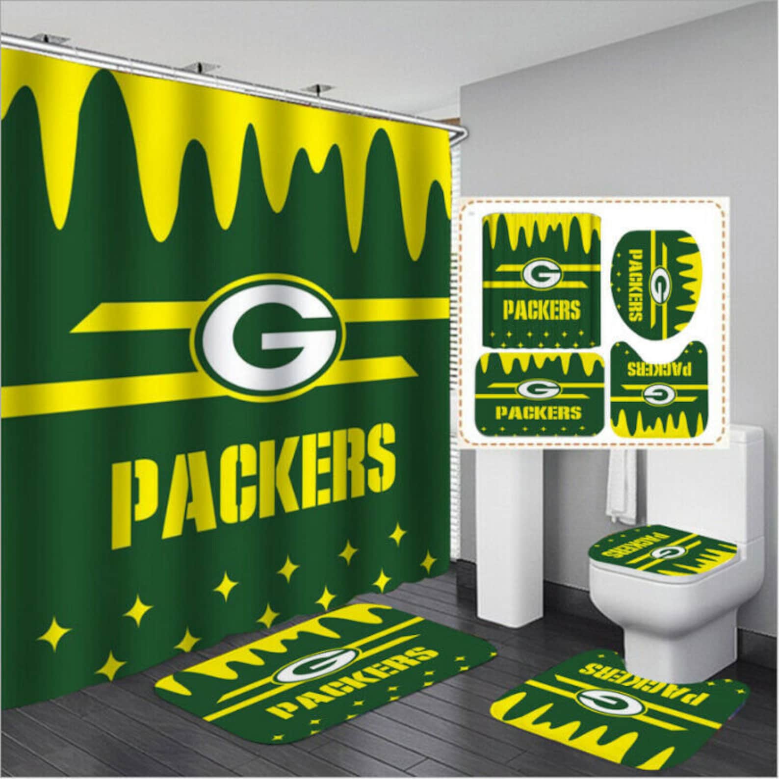 Green Bay Packers Bathroom Shower Curtain NonSlip Toilet Etsy