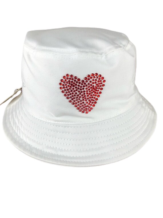 White Bucket Hat with red heart rhinestone Etsy