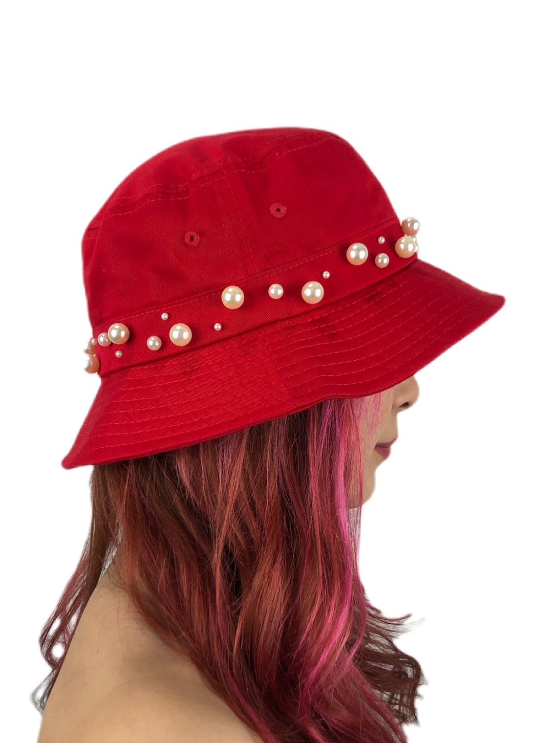 Red Bucket Hat with beautiful Pearl Etsy