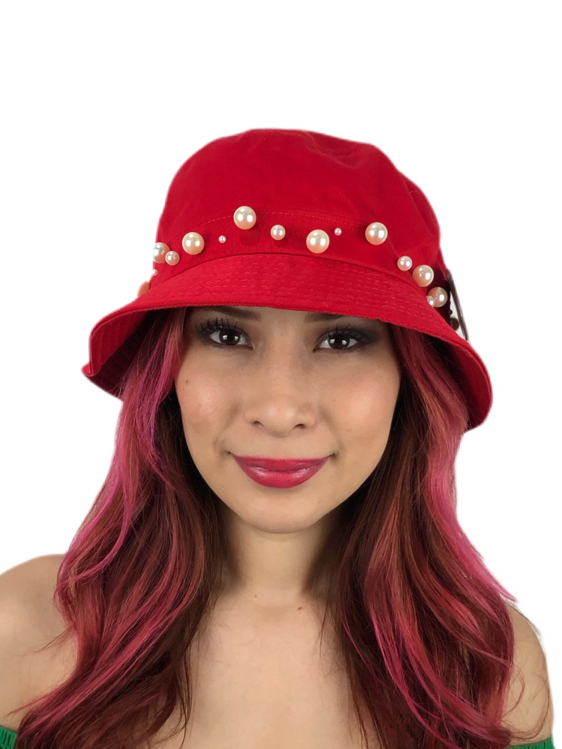 Red Bucket Hat with beautiful Pearl Etsy