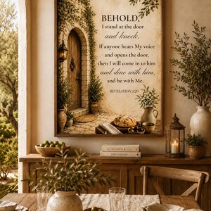 Revelation 3:20 Christian Wall Art, Scripture Printable, Bible Verse Kitchen & Dining Room Decor, Digital Download