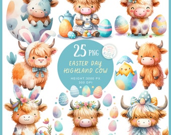Highland Cow Easter PNG, Watercolor Clipart, Highland Cow Decor, Highland Cow Gifts, Highland Cow Invitation, Farm Animals, Digital Download