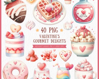 Gourmet Delights, Valentine's Day Clipart, Watercolor Bakery Illustration, Cafe Decor, Sweets Lovers, Love, Heart, PNG, Digital Download