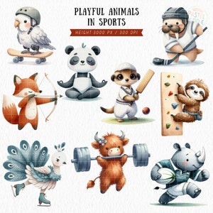 Sport Animal Clipart, Athletic Animal Clipart, Safari Animals PNG, Sportsman PNG, Football, Basketball, Baseball, Stickers, Digital Download image 2