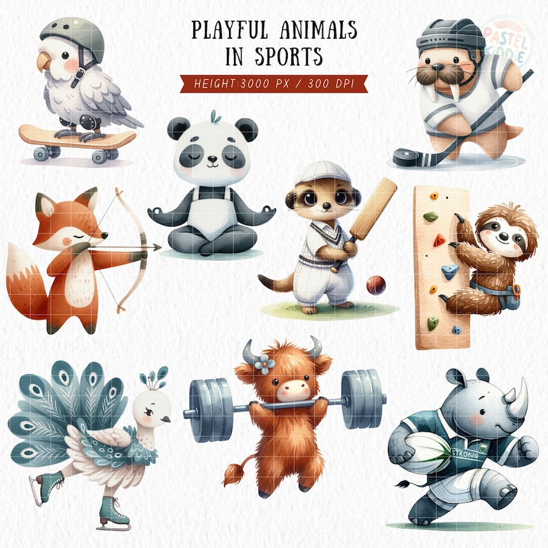 Sport Animal Clipart, Athletic Animal Clipart, Safari Animals PNG, Sportsman PNG, Football, Basketball, Baseball, Stickers, Digital Download image 2