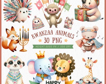 Kwanzaa Animals Celebration Watercolor Clipart, African Heritage Illustration, Cute Wildlife, Festive PNG, Nursery Decor, Digital Download