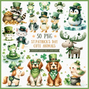 St Patricks Day PNG, Cute Animal Clipart, Watercolor Animals Stickers, Saint Patrick Baby Shower, Nursery Decor, Childrens Books, Clover Art