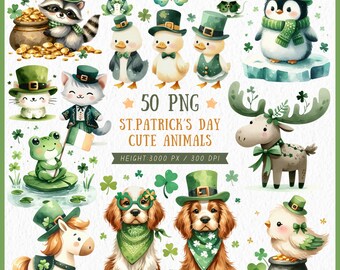 St Patricks Day PNG, Cute Animal Clipart, Watercolor Animals Stickers, Saint Patrick Baby Shower, Nursery Decor, Childrens Books, Clover Art