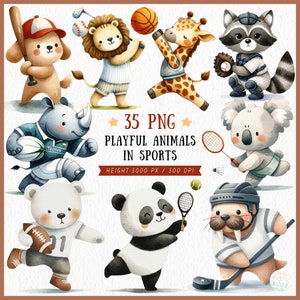 Clipart de animais esportivos, clipart de animais atléticos, animais de safári PNG, desportista PNG, futebol, basquete, beisebol, adesivos, download digital