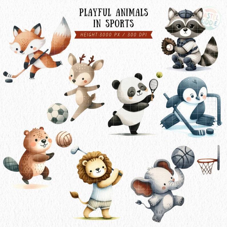Sport Animal Clipart, Athletic Animal Clipart, Safari Animals PNG, Sportsman PNG, Football, Basketball, Baseball, Stickers, Digital Download image 4