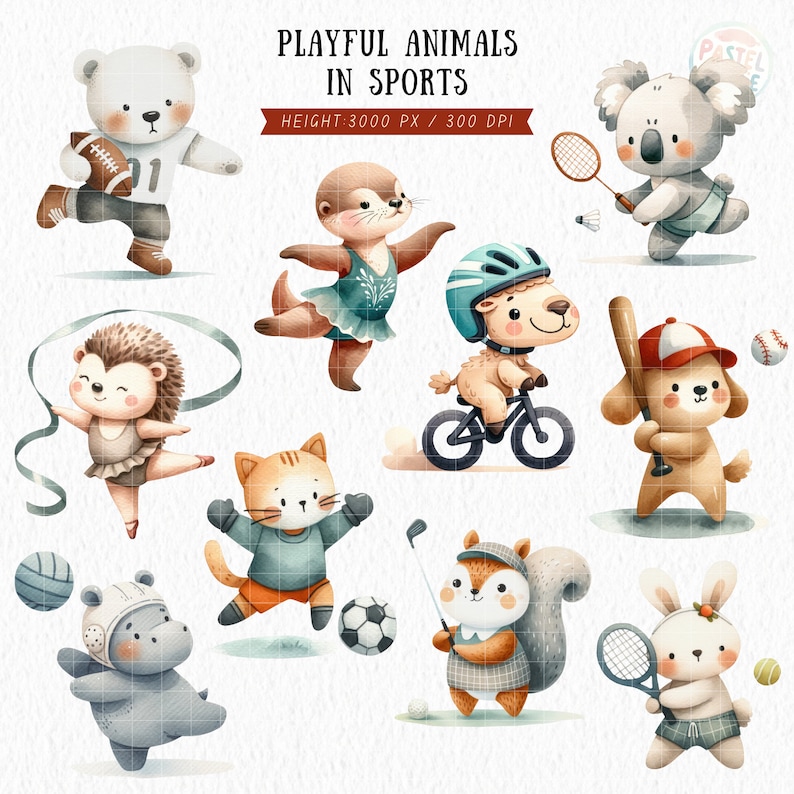 Sport Animal Clipart, Athletic Animal Clipart, Safari Animals PNG, Sportsman PNG, Football, Basketball, Baseball, Stickers, Digital Download image 3