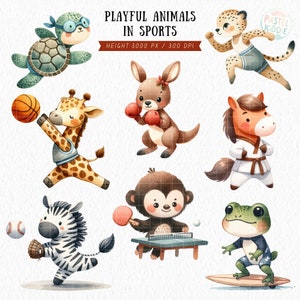 Sport Animal Clipart, Athletic Animal Clipart, Safari Animals PNG, Sportsman PNG, Football, Basketball, Baseball, Stickers, Digital Download image 5