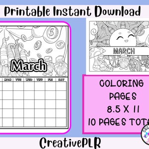 March Monthly Coloring Planner | 10 Printable Coloring Pages | Instant Download
