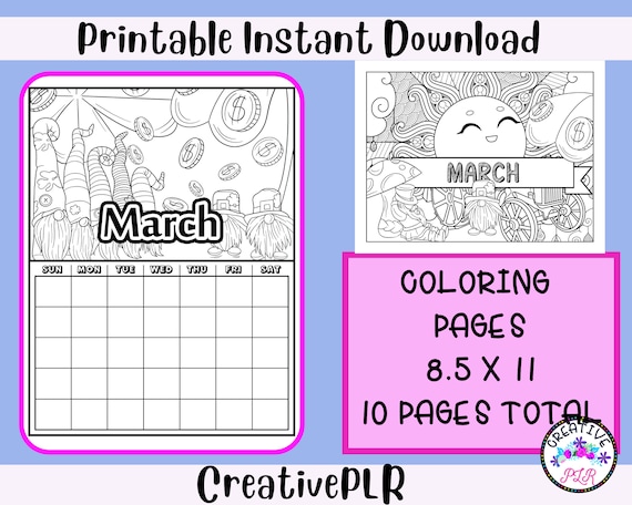 March Monthly Coloring Planner 10 Printable Coloring Pages 