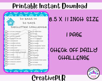 30 Bags in 30 Days Decluttering Challenge One Sheet |Printable Decluttering Checklist | Instant Download |