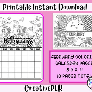 February Monthly Coloring Planner | 10 Printable Coloring Pages | Instant Download