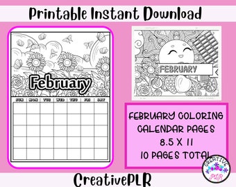 February Monthly Coloring Planner | 10 Printable Coloring Pages | Instant Download