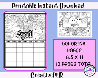 April Monthly Coloring Planner | 10 Printable Coloring Pages | Instant Download