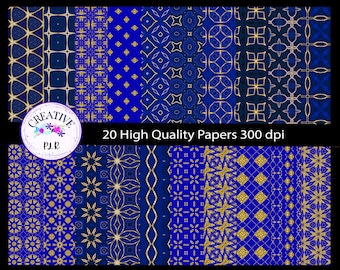 Puede incluir: Veinte papeles digitales de alta calidad en azul y dorado con patrones geométricos. Los papeles son de 300 dpi.
