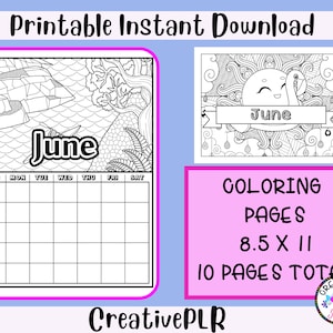 June Monthly Coloring Planner | 10 Printable Coloring Pages | Instant Download