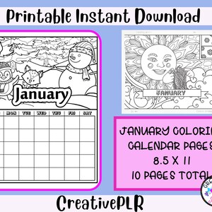 January Monthly Coloring Planner | 10 Printable Coloring Pages | Instant Download