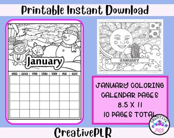 January Monthly Coloring Planner | 10 Printable Coloring Pages | Instant Download