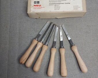 Stechbeitel Stechmeißel Set 6 Stück im DDR Originalkarton, Tischler Werkzeug Drehbank Stecheisen Stemmeisen, Vintage Handhobelmesser,