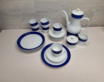 Melitta Kaffeeservice Blaues Band für 6 Person mit einem Design von Liselotte Kanter, Vintage, Gebraucht, DDR, selten