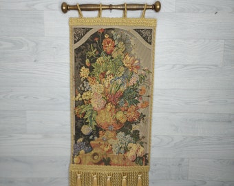 Wandteppich mit Kordeln, Wandbehang Gobelin mit Messingstange zum Aufhängen Im Blumen Motiv