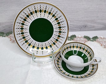 Sammeltasse Grün mit Gold Tropfenform, Vintage, Weisswasser, 3 Teilig