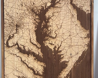 Wood Burned & Engraved Chesapeake Bay Map