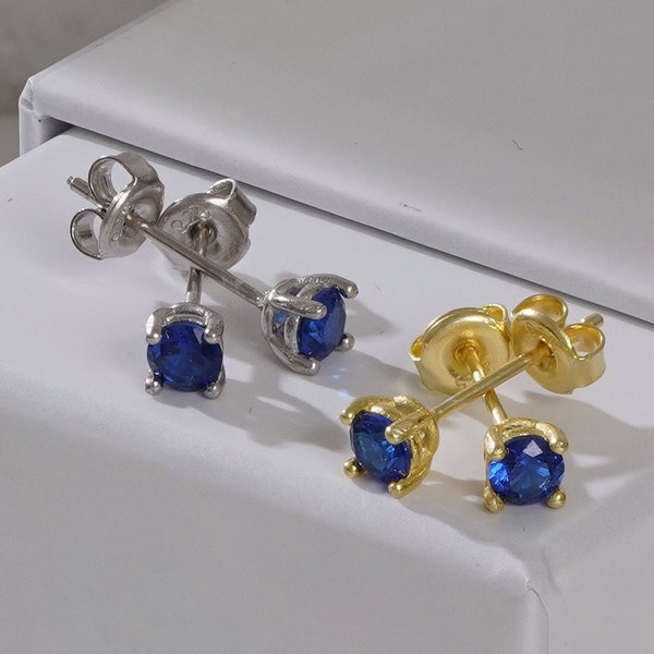 Sapphire Blue Stud Earrings, September Birthstone CZ Earrings, Gold Sapphire Stud Earring, Tiny Gemstone Stud Earrings