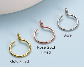 Fake Nose Rings. Faux Lip Rings. Faux Nose Hoops. No Piercing. Fake Nose Piercing. 14k Gold filled Fake hoops. Silver Faux Rings.